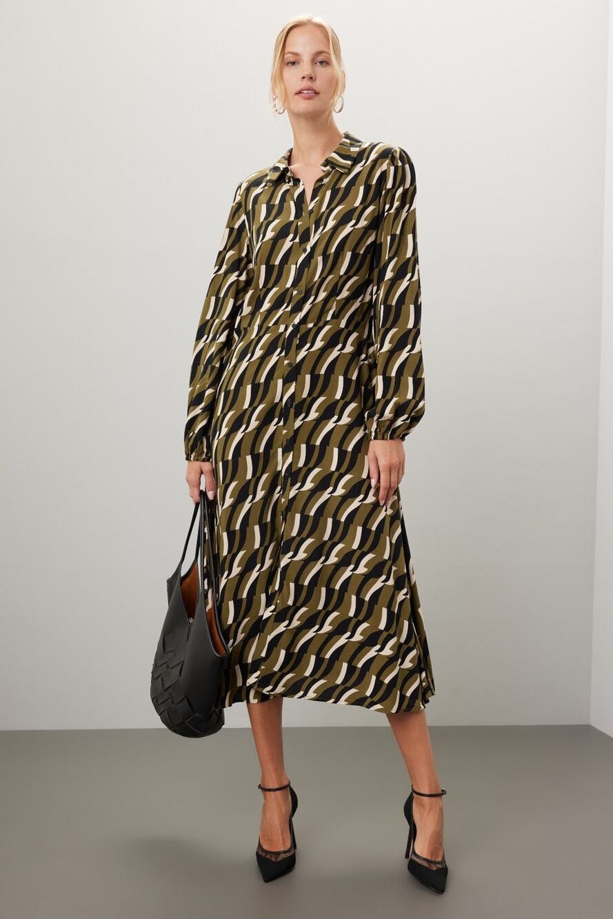 Yerse Jane Green Geometric Print Long Sleeve Midi Shirt Dress Size Medium